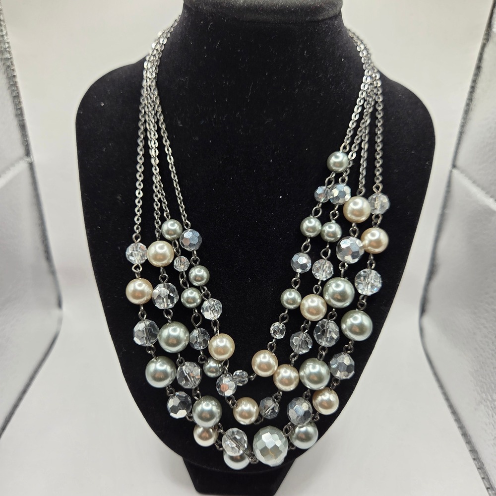 Lia Sophia Gray Faux Pearl Crystal Multi Strand Necklace Silver Tone 20"
